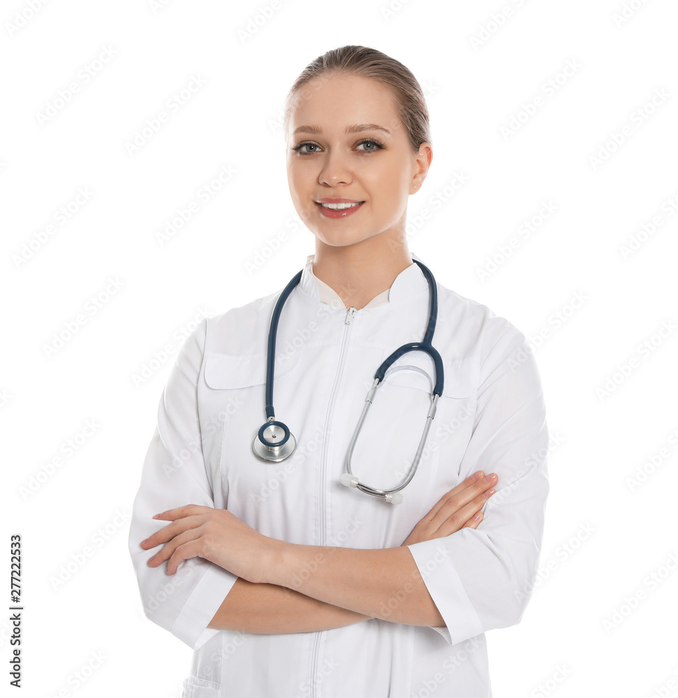Portrait of medical doctor with stethoscope isolated on white Portrait of medical doctor with stethoscope isolated on white