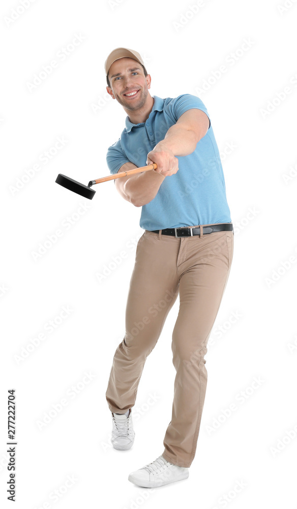 Full length portrait of man with golf club isolated on white Full length portrait of man with golf club isolated on white