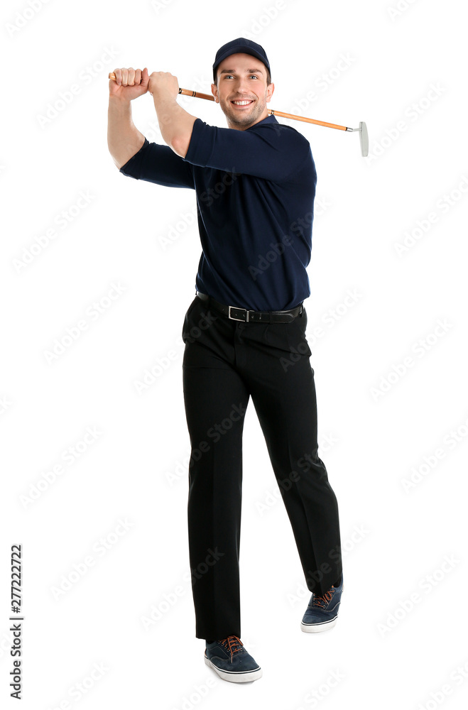 Full length portrait of man with golf club isolated on white Full length portrait of man with golf club isolated on white