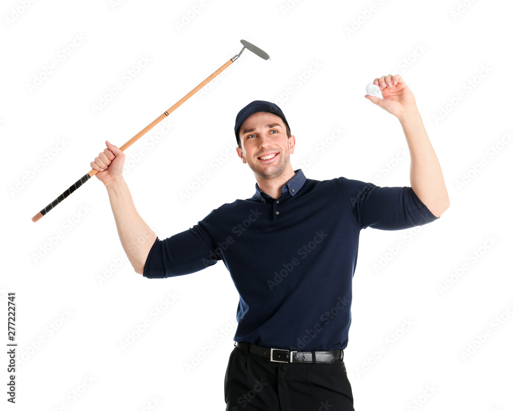 Portrait of young man with golf club isolated on white Portrait of young man with golf club isolated on white