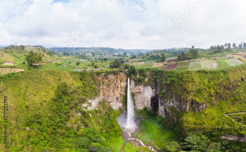 Aerial view Sipiso-piso waterfall in Sumatra  travel destination in Berastagi and Lake Toba  Indonesia.