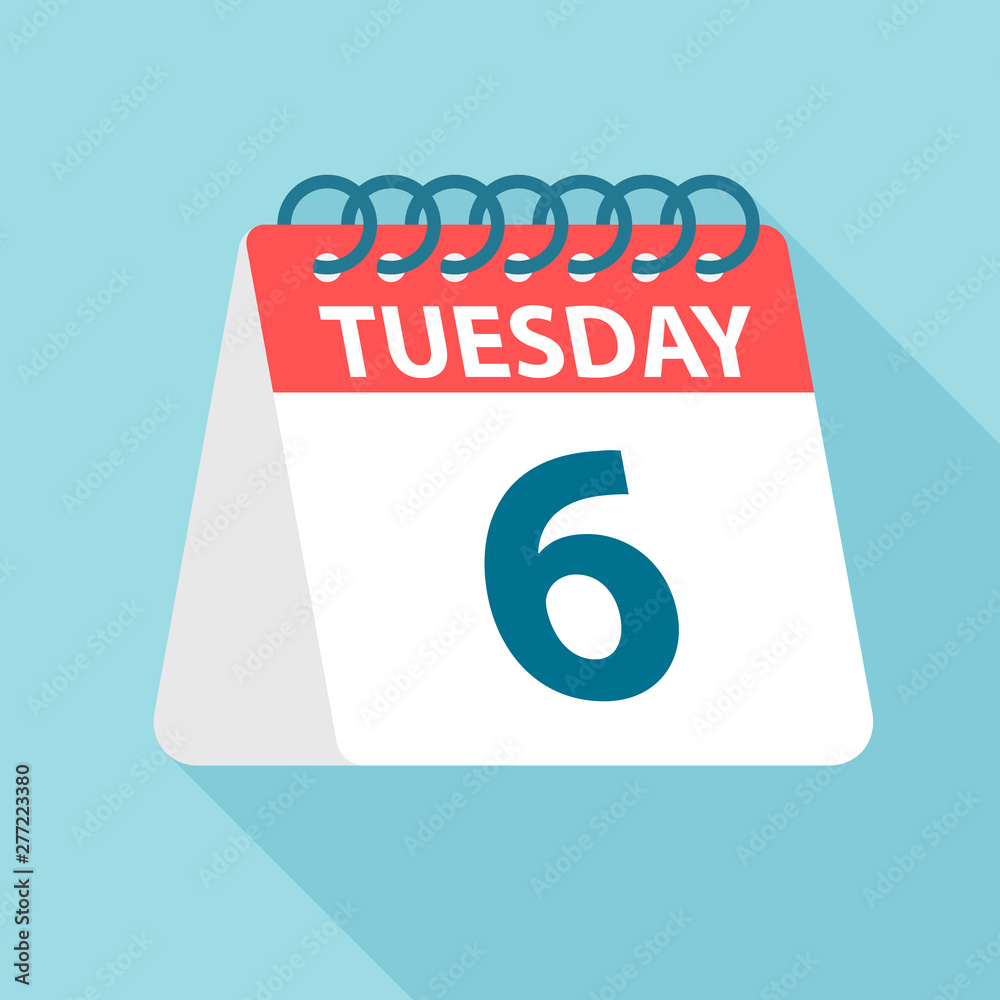 Tuesday 6 - Calendar Icon. Vector illustration of week day paper leaf. Calendar  Template Stock Vector | Adobe Stock