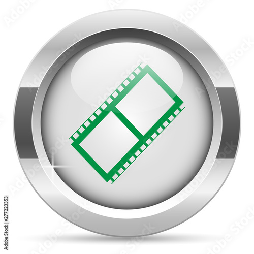 Movie icon.White metal internet button. Glass with green icon, vector.
