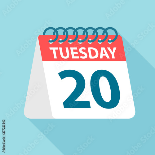 Tuesday 20 - Calendar Icon. Vector illustration of week day paper leaf. Calendar Template