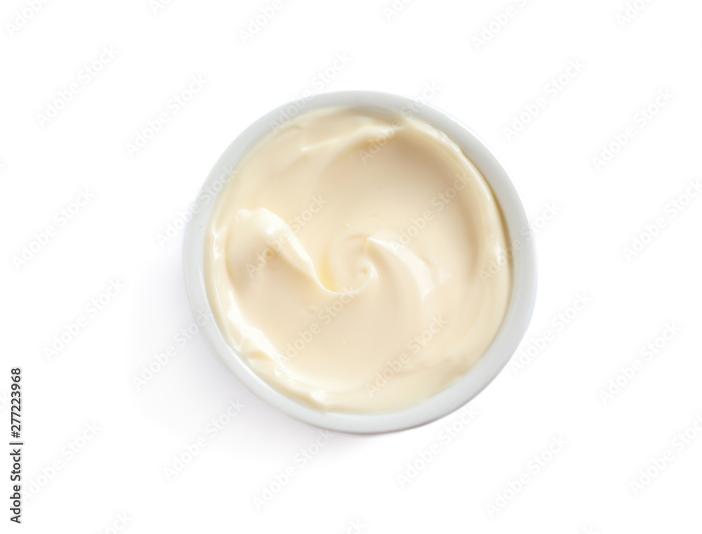 Delicious mayonnaise sauce in bowl on white background, top view Delicious mayonnaise sauce in bowl on white background, top view