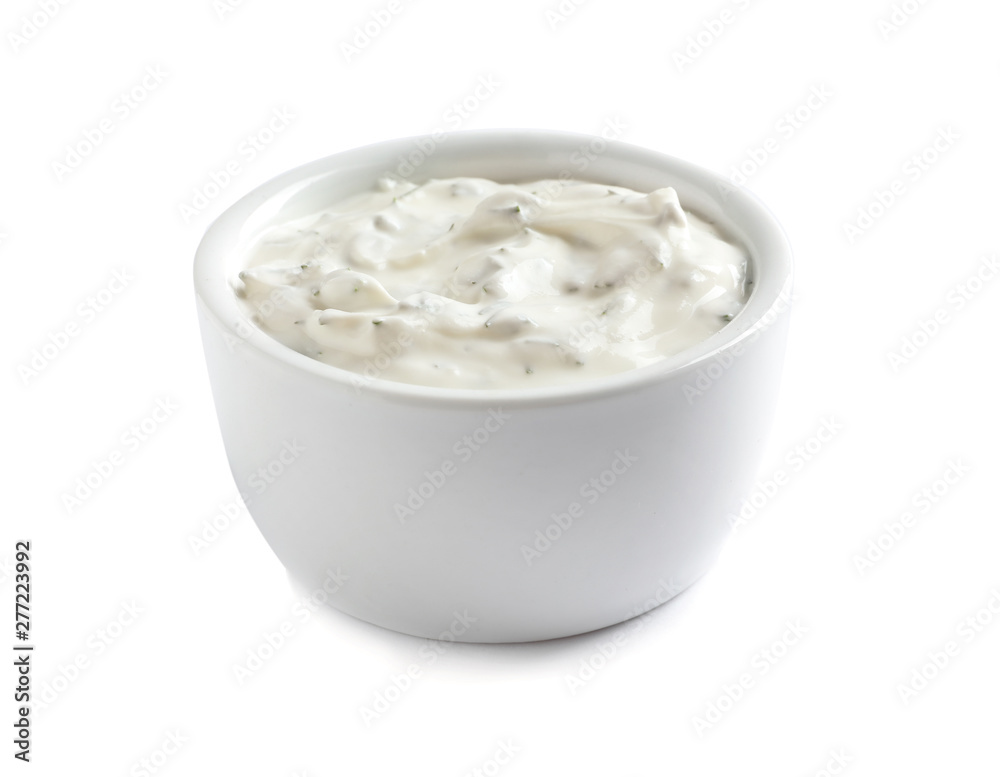 Delicious tartar sauce in bowl on white background Delicious tartar sauce in bowl on white background