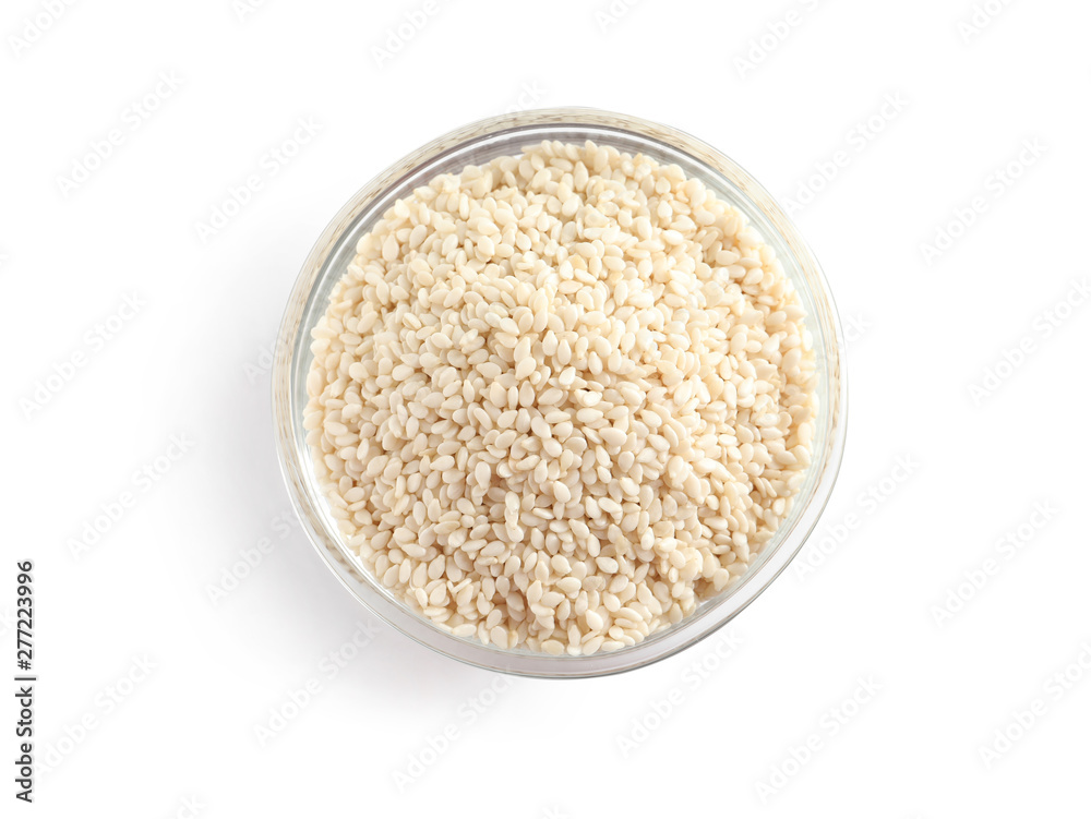 Sesame seeds in bowl on white background, top view. Delicious sauce condiment Sesame seeds in bowl on white background, top view. Delicious sauce condiment