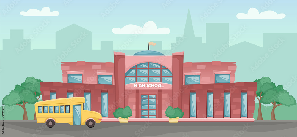 School building in cartoon style. Flat vector horizontal landscape. School yellow bus.