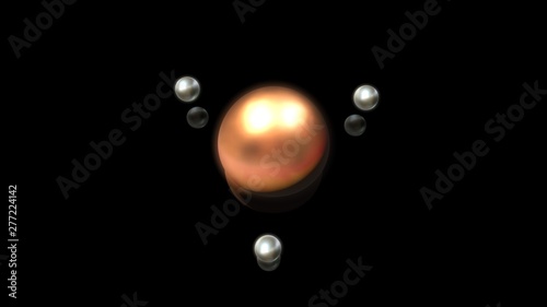 3D illustration of bronze and silver droplets, round shape, located above the black reflective surface in space in a strictly geometric structure. 3D rendering of objects, futuristic image