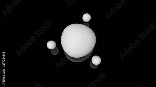 3D illustration of milk drops, round shape, located above the black reflective surface in space in a strictly geometric structure. 3D rendering of objects, futuristic background image
