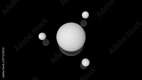 3D illustration of milk drops  round shape  located above the black reflective surface in space in a strictly geometric structure. 3D rendering of objects  futuristic background image