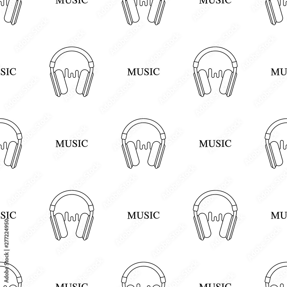 Seamless pattern with line style icon of headphone with sound wave on white background. Recording studio. Vector illustration for design, web, wrapping paper, fabric.