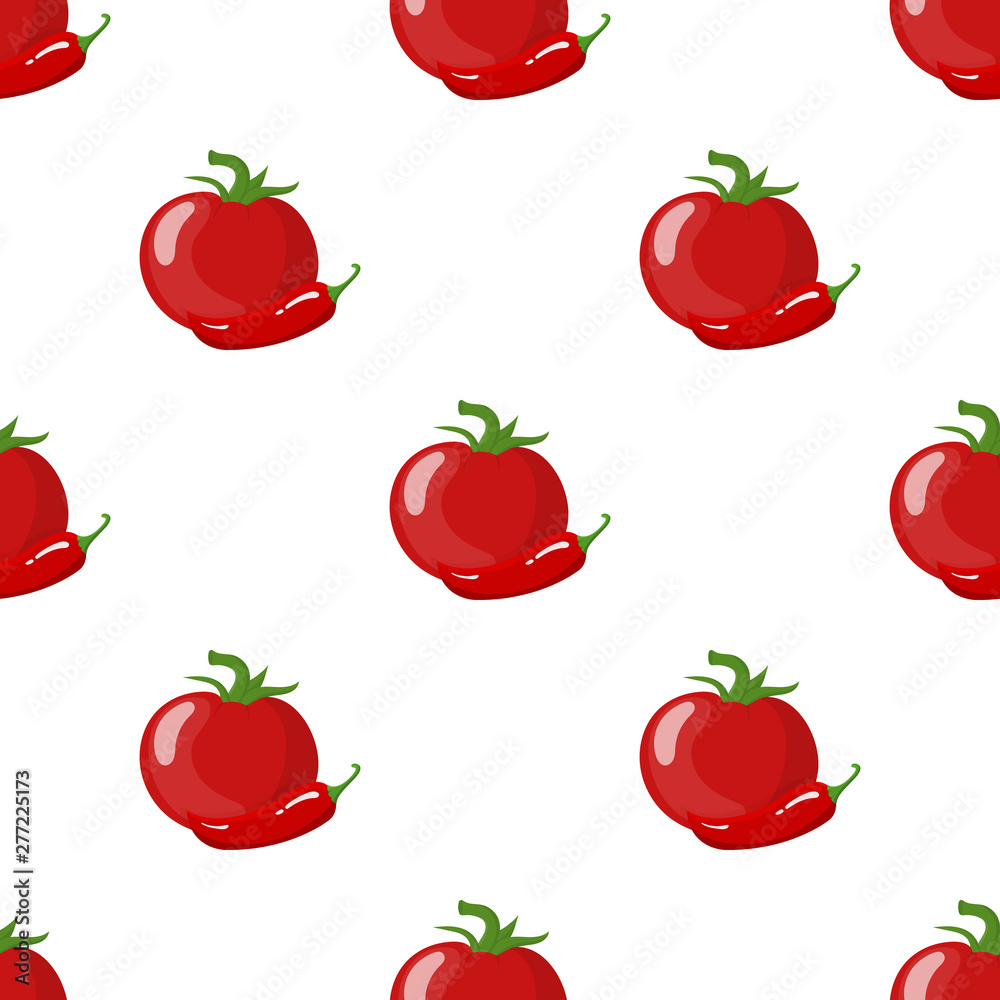 Seamless pattern with fresh red tomato and chilli pepper isolated on white background. Organic food. Cartoon style. Vector illustration for design, web, wrapping paper, fabric. Seamless pattern with fresh red tomato and chilli pepper isolated on white background. Organic food. Cartoon style. Vector illustration for design, web, wrapping paper, fabric.