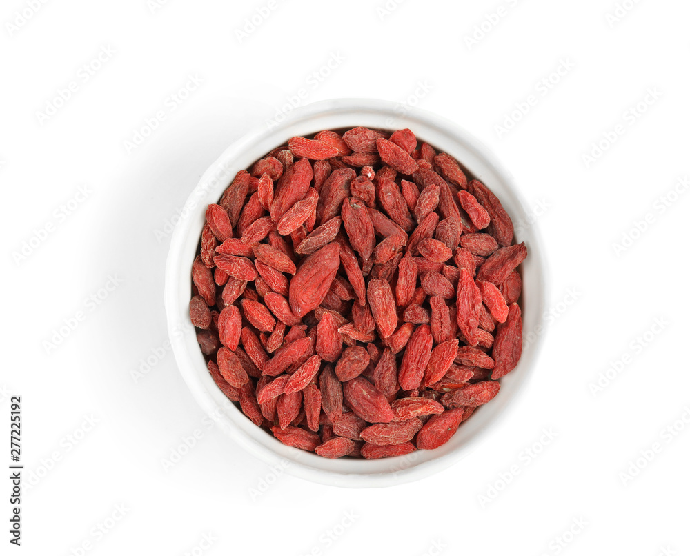 Bowl with dried goji berries isolated on white, top view Bowl with dried goji berries isolated on white, top view