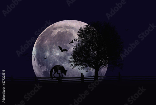 Silhouette of a red fox walking on a fence at night during full moon.