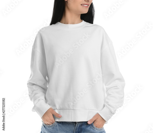 Young woman in sweater isolated on white, closeup. Mock up for design photo