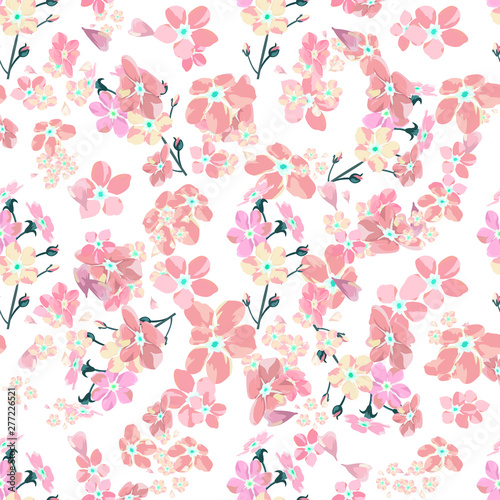 gentle little flowers and petals flying aside the botanical pattern of small colored wildflowers