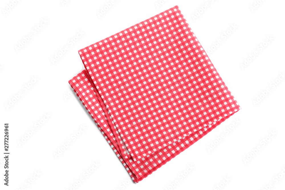 Folded red checkered tablecloth isolated on white, top view Folded red checkered tablecloth isolated on white, top view