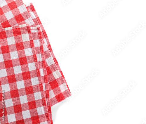 Classic red checkered blanket isolated on white, top view