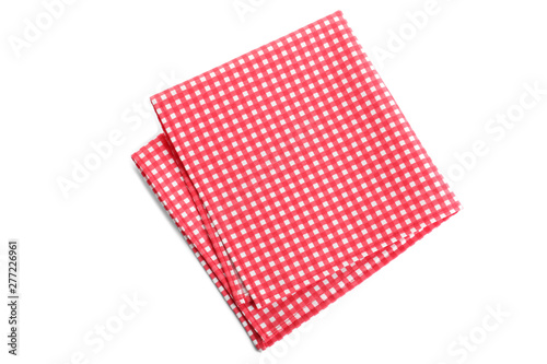 Folded red checkered tablecloth isolated on white, top view