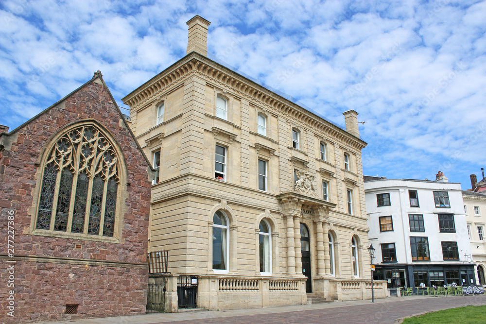 Exeter Cathedral close and old city bank building