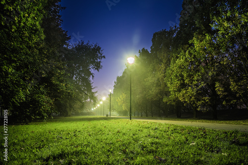 latarnie w parku nocą