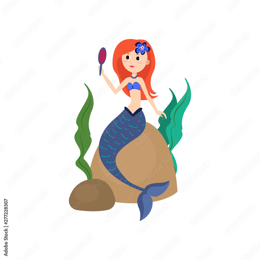 Cute red hair mermaid looking in hand mirror Cute red hair mermaid looking in hand mirror