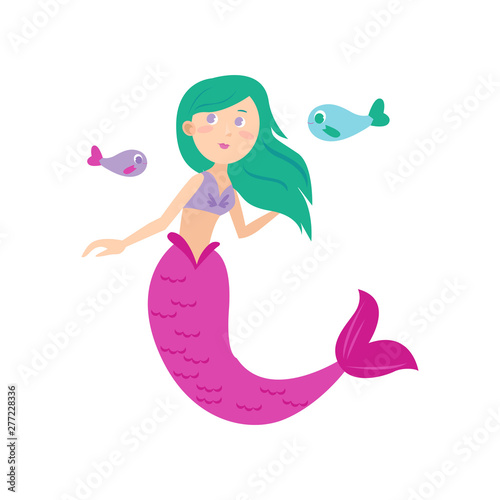 Cute green hair mermaid with long pink tail