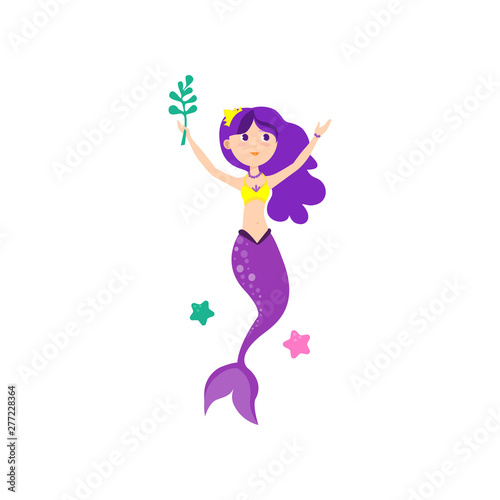 Young beautiful mermaid with purple color hair and tail