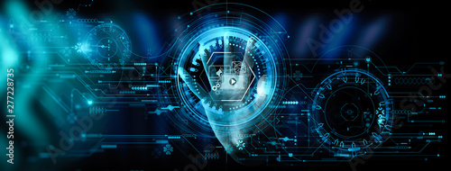 Digital marketing media (website ad, email, social network, SEO, video, mobile app) in Modern UI computer touching by hand.