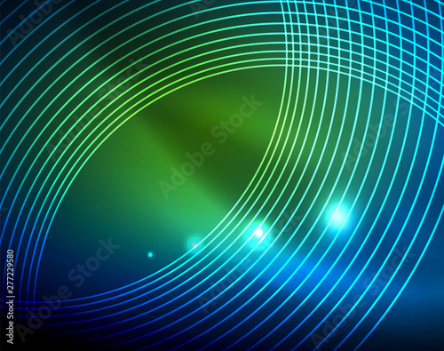 Blue neon circles, abstract circular lines. Glowing circle abstract pattern background