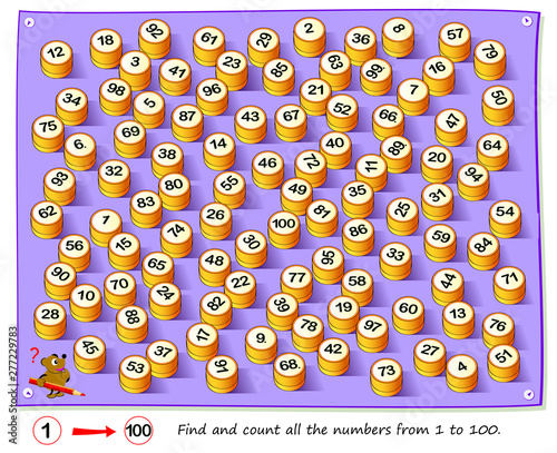 Logic puzzle game for smartest. Find and count all the numbers from 1 to 100. Task for attentiveness. Printable page for brain teaser book. Developing spatial thinking and counting skills.