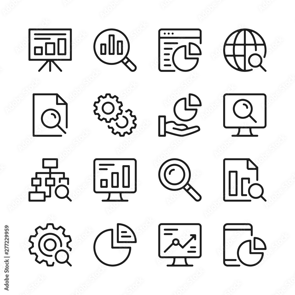 Data analysis line icons set. Modern linear graphic design concepts, simple outline elements collection. Vector line icons