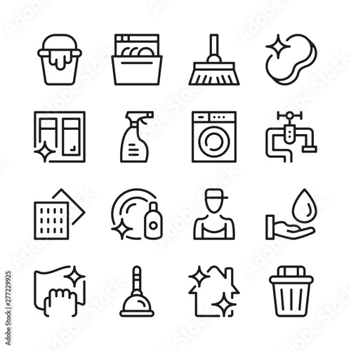 Cleaning line icons set. Modern linear graphic design concepts  simple outline elements collection. Vector line icons