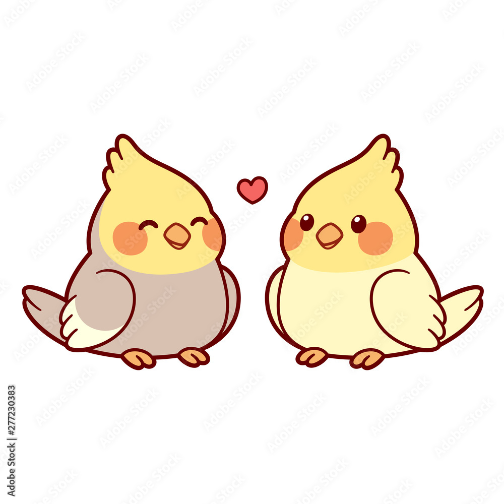 Cute cartoon cockatiel couple