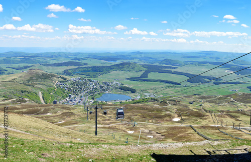 Beautiful mountain view point with a aerial lift in the ski resort in Auvergne
