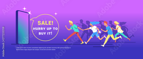 Teenage people running forward concept vector illustration of happy teenagers hurrying to buy a new smartphone