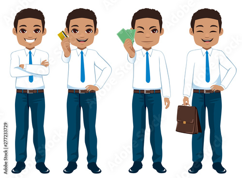 Happy African American Black businessman set collection standing in different poses