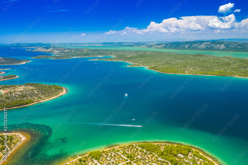 Beautiful Croatian coast, emerald and turquoise blue sea, Murter islands archipelago from air, Dalmatia, Croatia