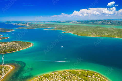 Beautiful Croatian coast, emerald and turquoise blue sea, Murter islands archipelago from air, Dalmatia, Croatia