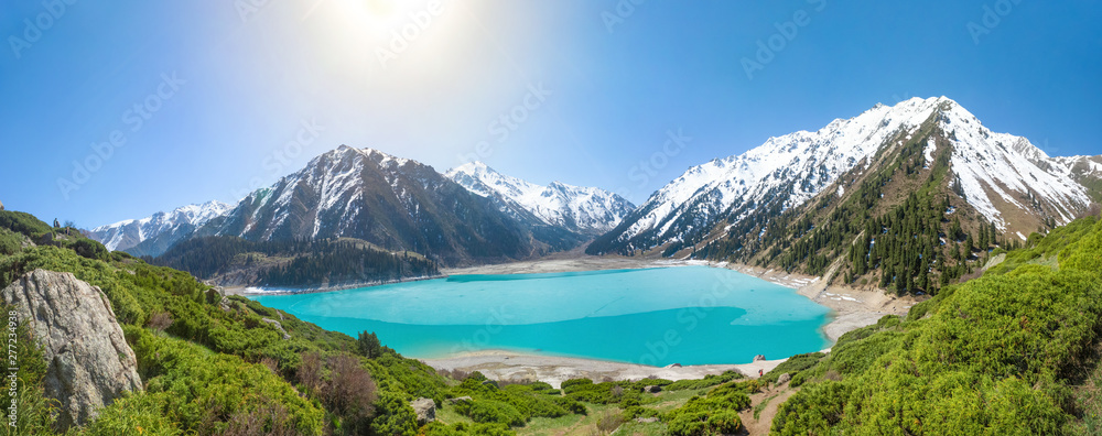 Panorama of Big Almaty Lake on Sunny summer day, Kazakhstan - obrazy, fototapety, plakaty 
