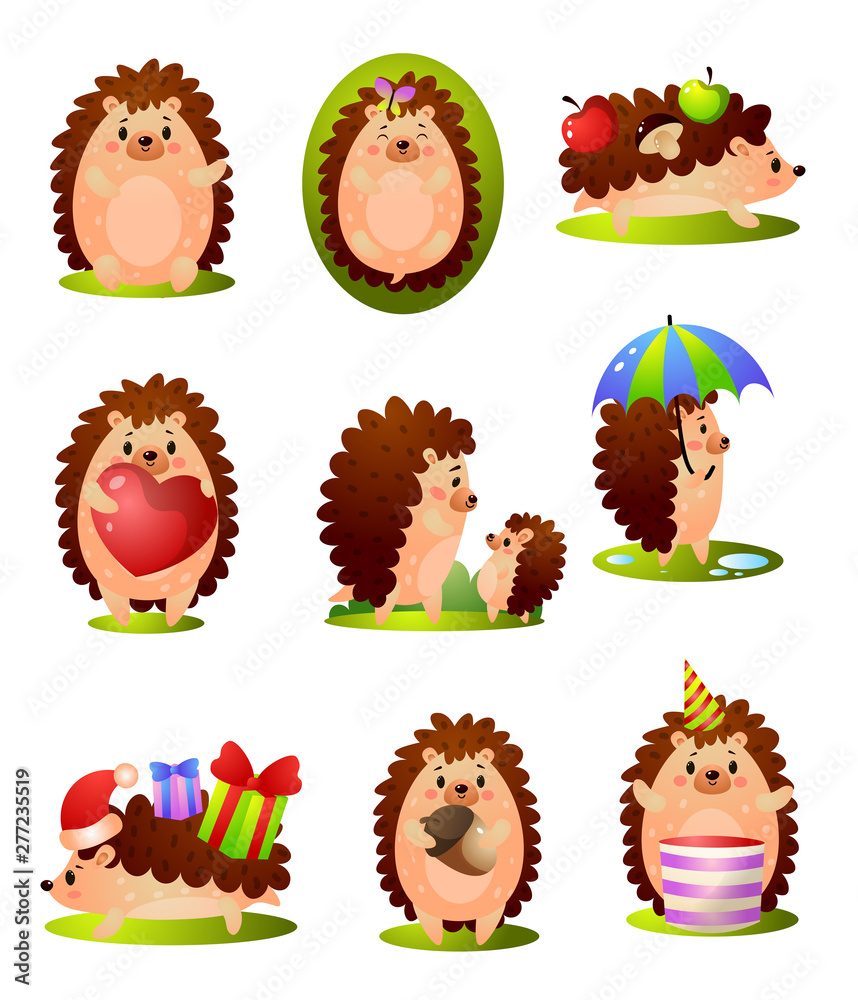 Set of cute funny forest hedgehog in different situations Set of cute funny forest hedgehog in different situations