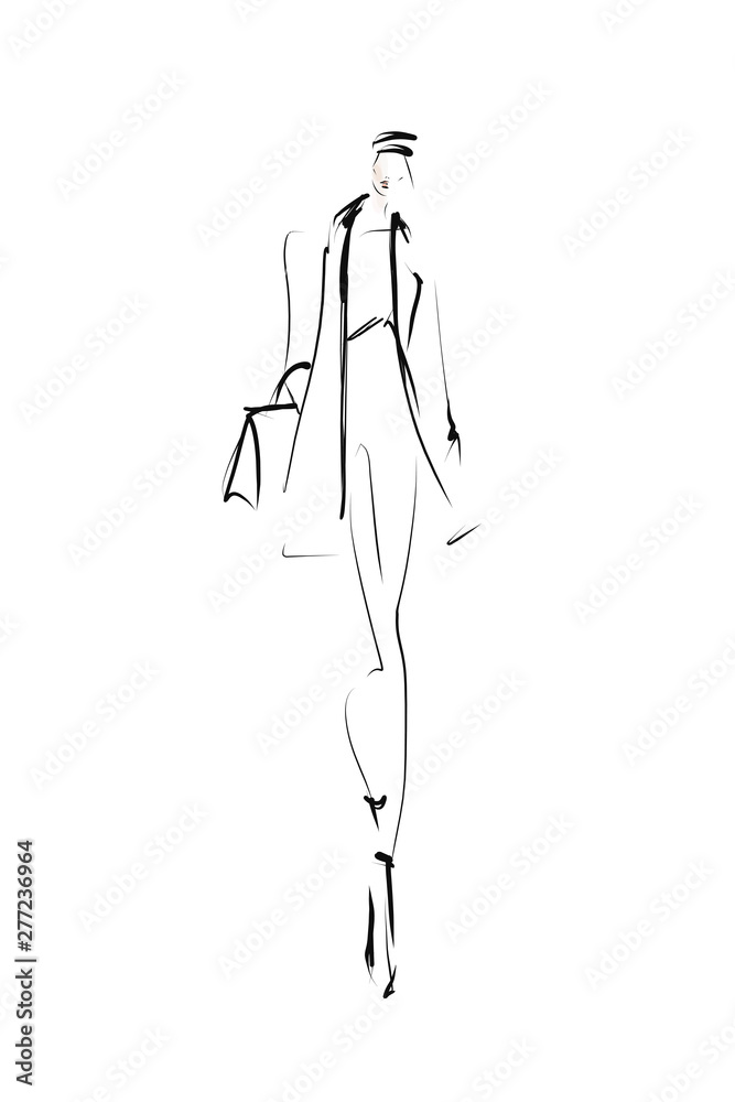 Stylish girl in coat, fashion sketch. Vector