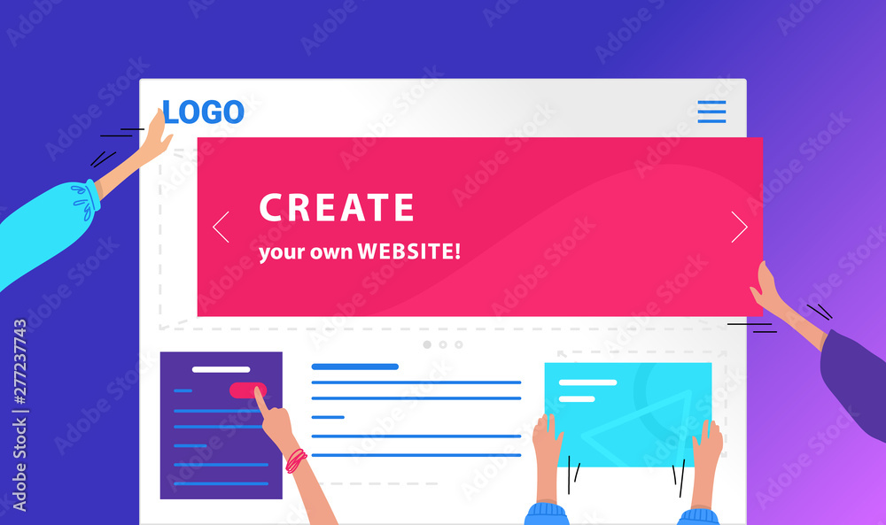 Create your own website flat vector neon design for web banner. Gradient illustration of human hands placing banners