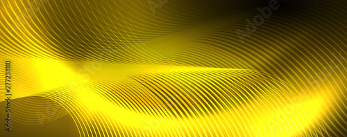 Bright neon circles and wave lines, glowing shiny background design template, digital techno concept.