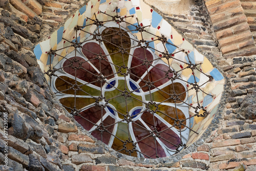 Slika na platnu Details of external walls, windows of the Basilica of Colonia Guell, Spain, Anto