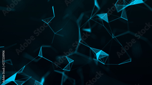 Abstract composition with connecting dots and lines and triangles. Blue background. Plexus effect.