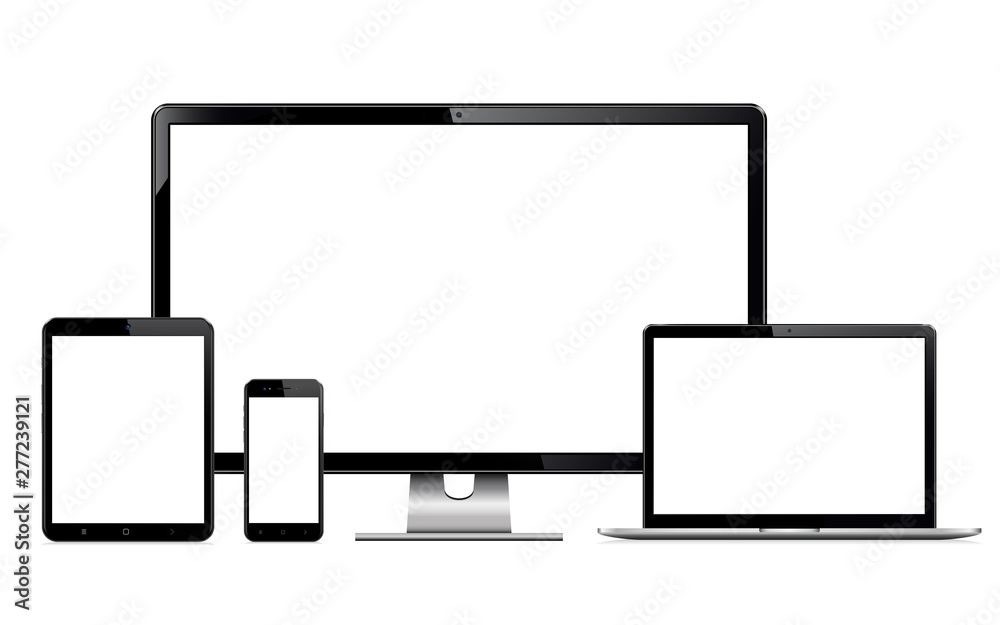 High quality illustration set of modern technology devices - computer monitor, laptop, digital tablet and mobile phone with blank screen High quality illustration set of modern technology devices - computer monitor, laptop, digital tablet and mobile phone with blank screen
