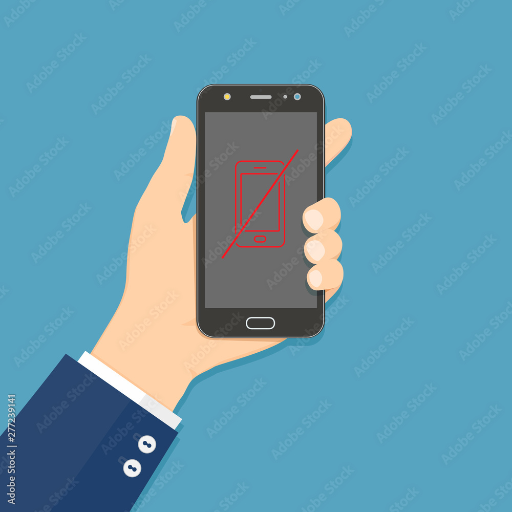 Hand holding smartphone with no phone allowed sign on screen Hand holding smartphone with no phone allowed sign on screen