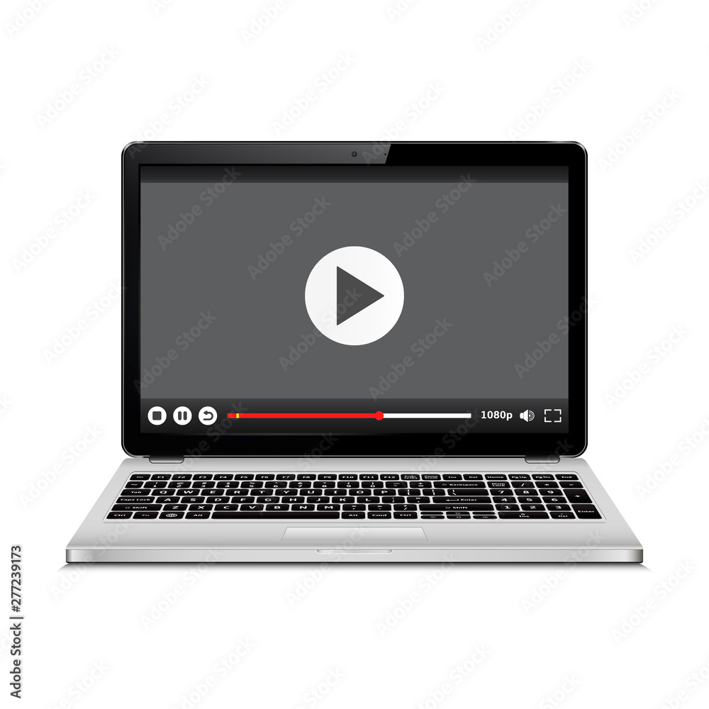Laptop with video player on screen. Online streaming service on laptop Laptop with video player on screen. Online streaming service on laptop